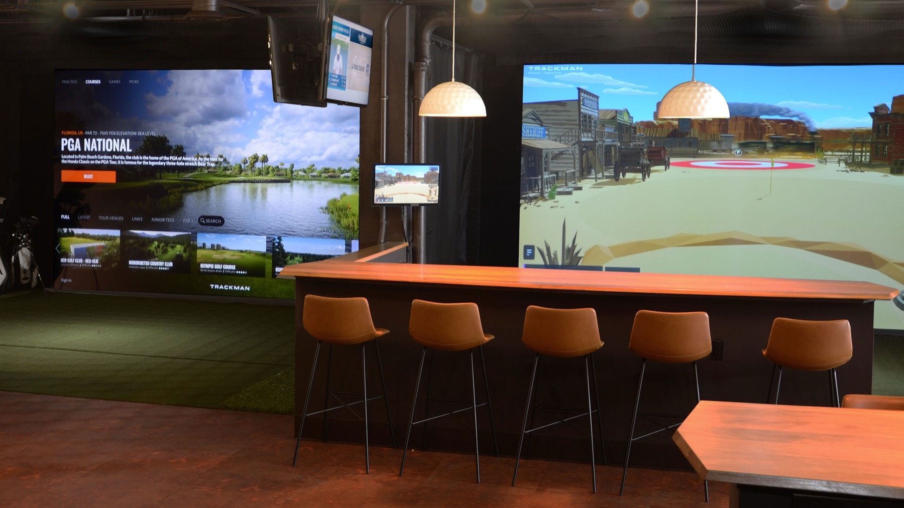 TrackMan simulator screens showing PGA National and a target game inside Links Club